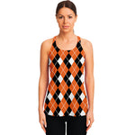 Orange White And Black Argyle Print Women's Racerback Tank Top