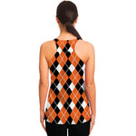 Orange White And Black Argyle Print Women's Racerback Tank Top