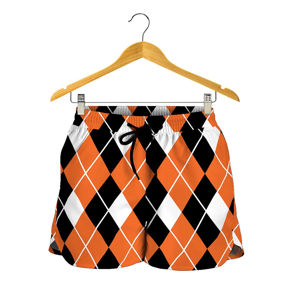 Orange White And Black Argyle Print Women's Shorts