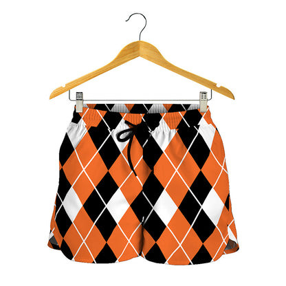 Orange White And Black Argyle Print Women's Shorts