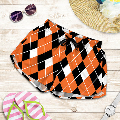 Orange White And Black Argyle Print Women's Shorts