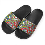 Oriental Mandala Bohemian Pattern Print Black Slide Sandals