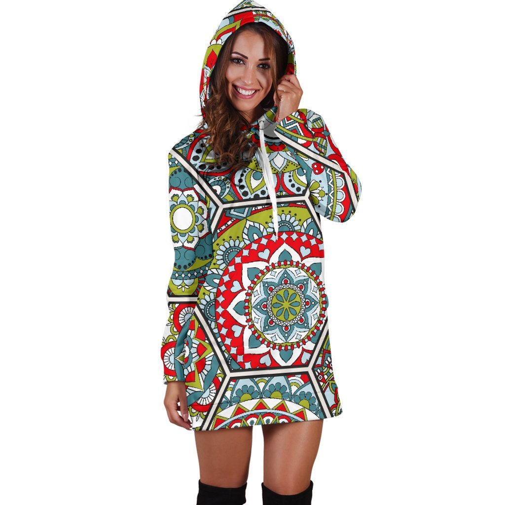 Oriental Mandala Bohemian Pattern Print Hoodie Dress GearFrost