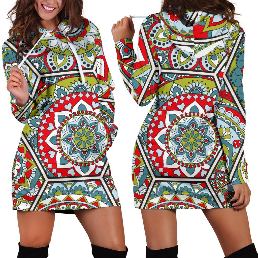 Oriental Mandala Bohemian Pattern Print Hoodie Dress GearFrost