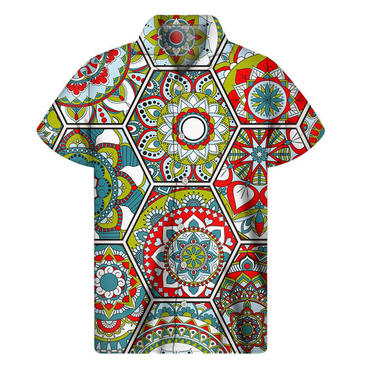 Oriental Mandala Bohemian Pattern Print Men's Short Sleeve Shirt