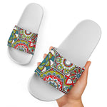 Oriental Mandala Bohemian Pattern Print White Slide Sandals