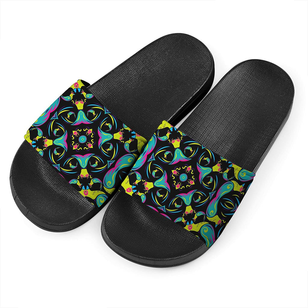 Ornament Psychedelic Trippy Print Black Slide Sandals