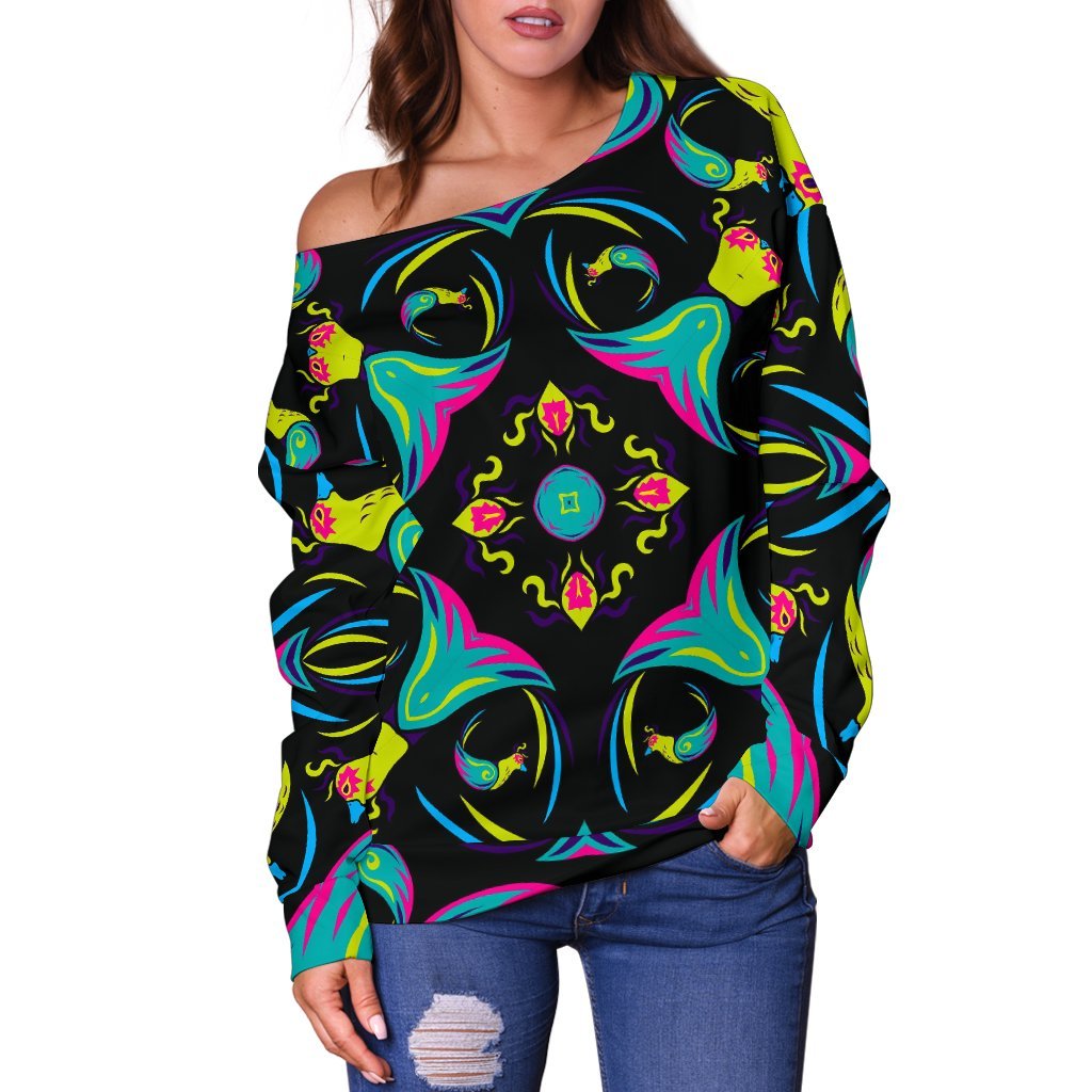 Ornament Psychedelic Trippy Print Off Shoulder Sweatshirt GearFrost