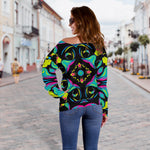 Ornament Psychedelic Trippy Print Off Shoulder Sweatshirt GearFrost