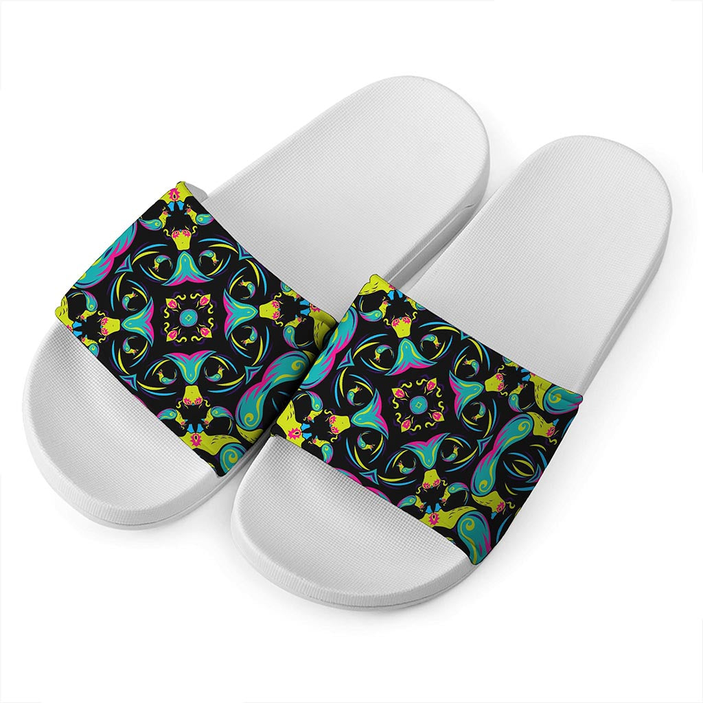 Ornament Psychedelic Trippy Print White Slide Sandals