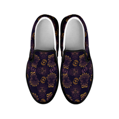 Ornament Tiki Mask Pattern Print Black Slip On Shoes
