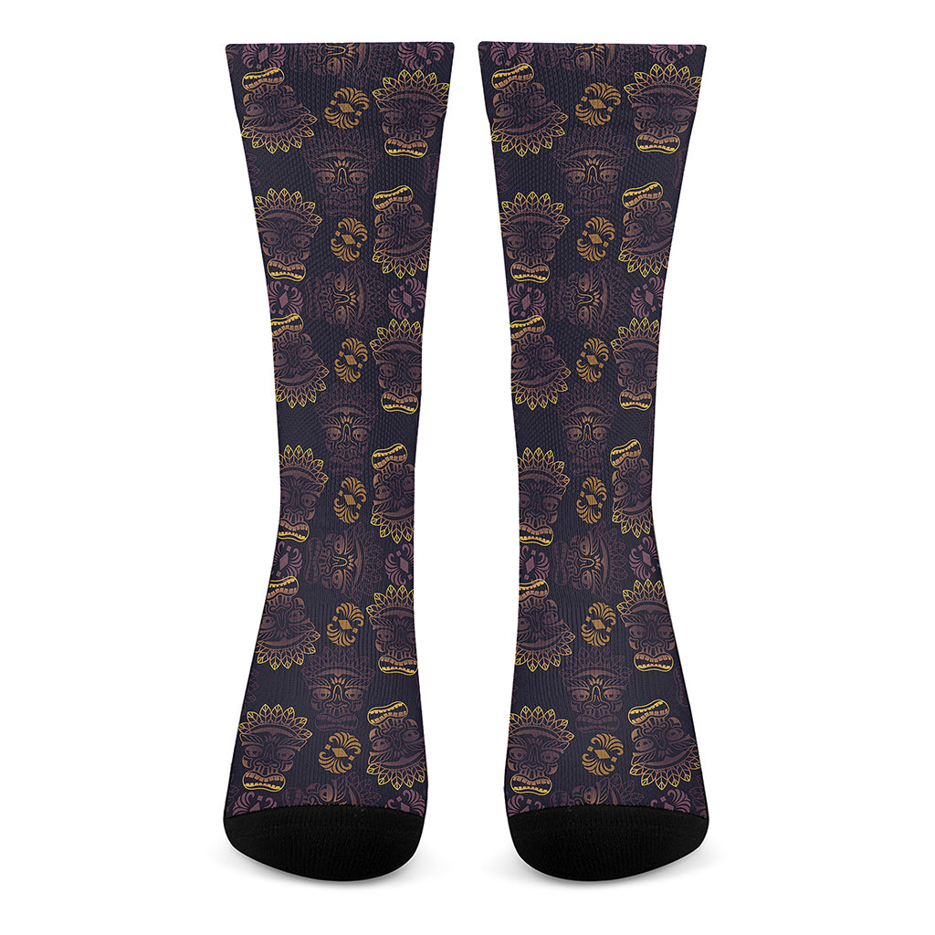 Ornament Tiki Mask Pattern Print Crew Socks