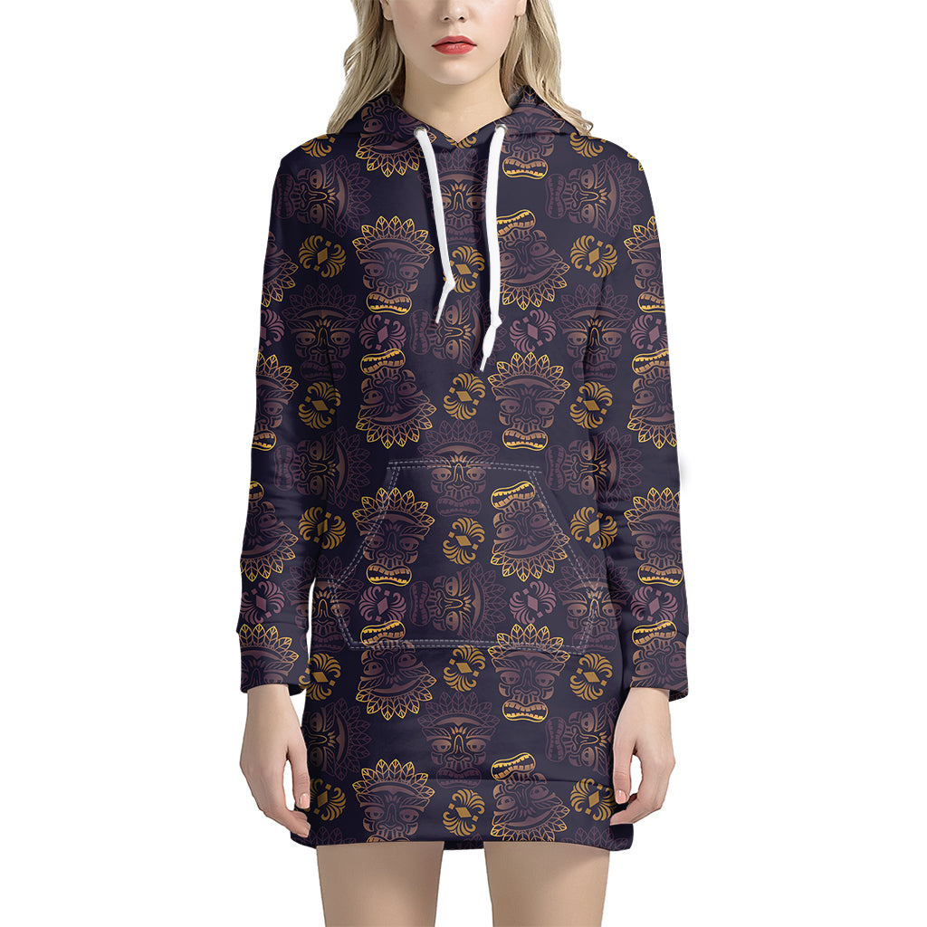 Ornament Tiki Mask Pattern Print Hoodie Dress