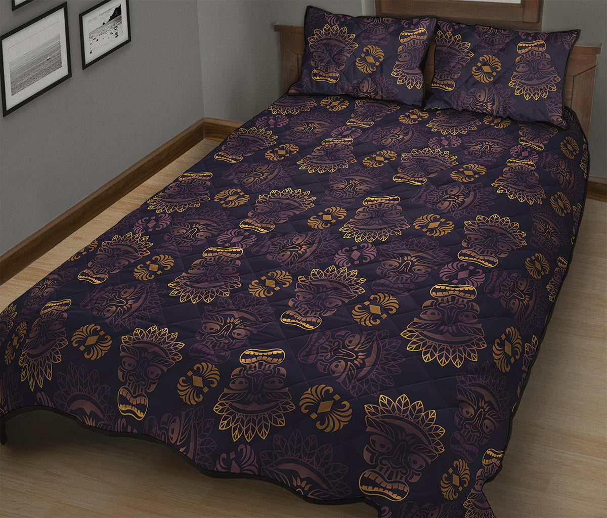 Ornament Tiki Mask Pattern Print Quilt Bed Set