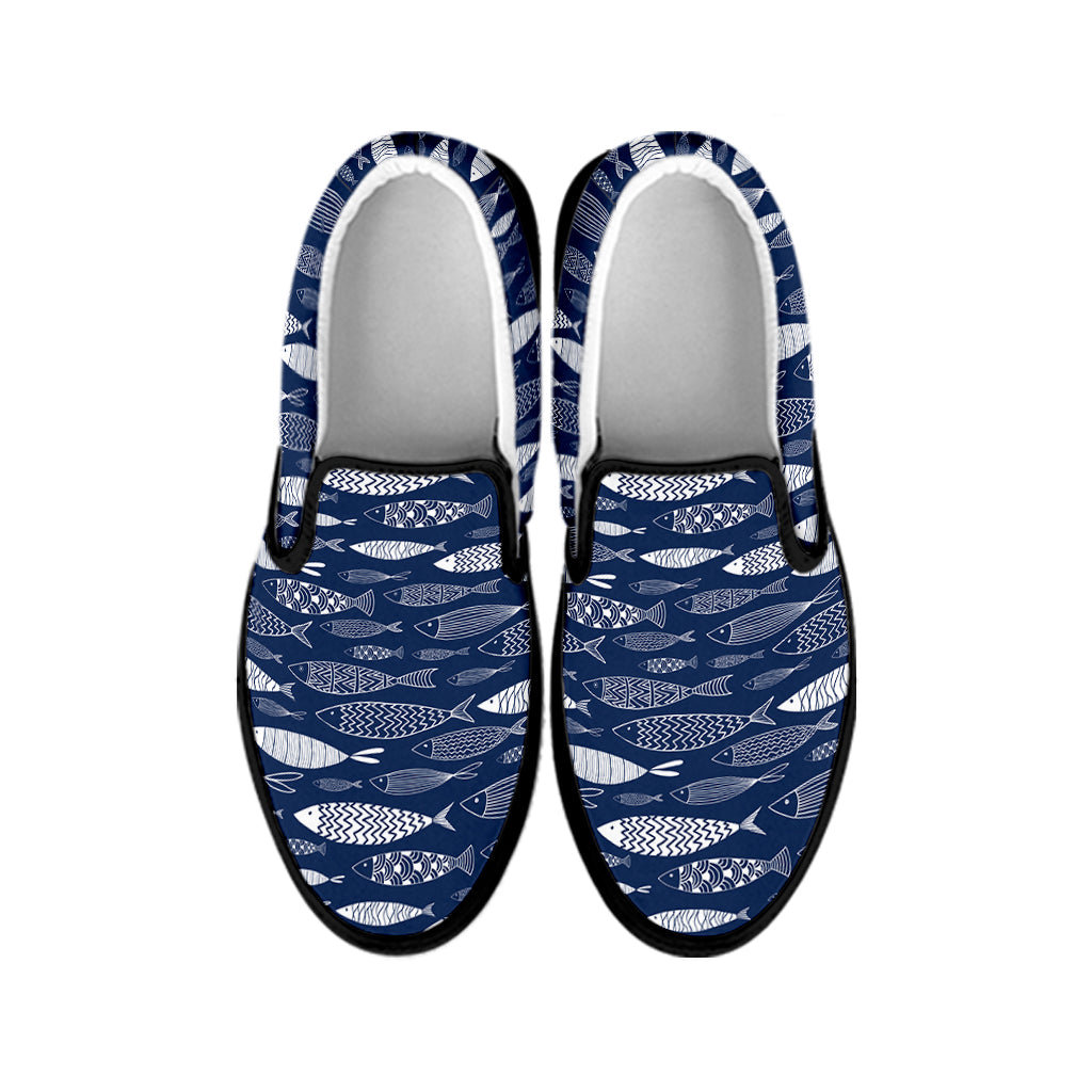 Ornamental Fish Pattern Print Black Slip On Shoes