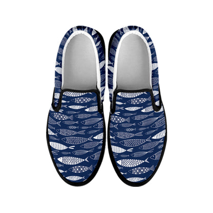 Ornamental Fish Pattern Print Black Slip On Shoes