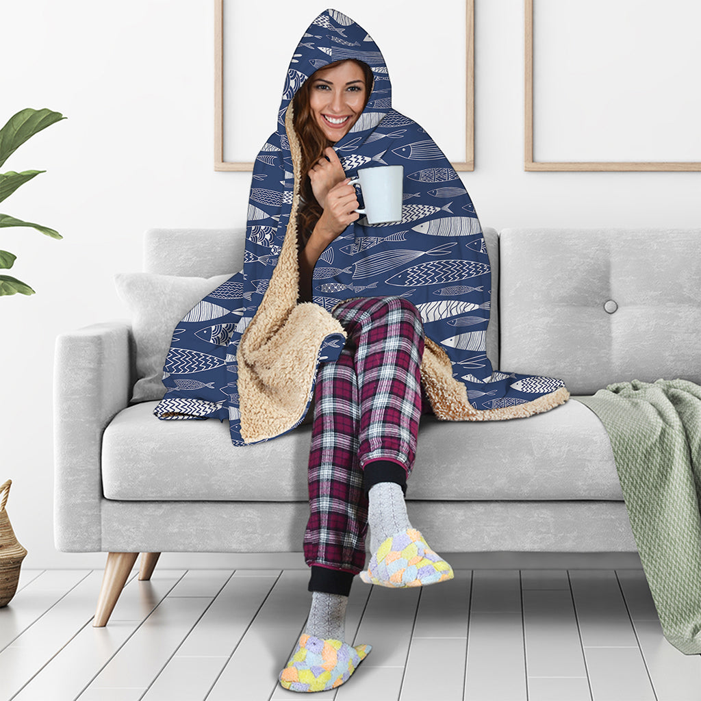 Ornamental Fish Pattern Print Hooded Blanket