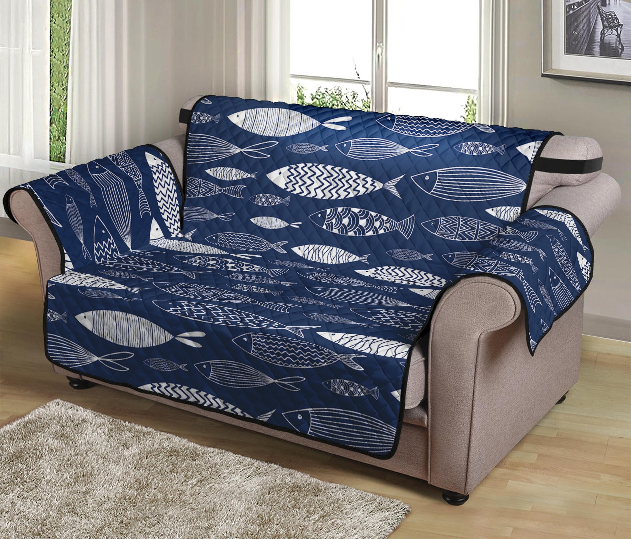 Ornamental Fish Pattern Print Loveseat Protector