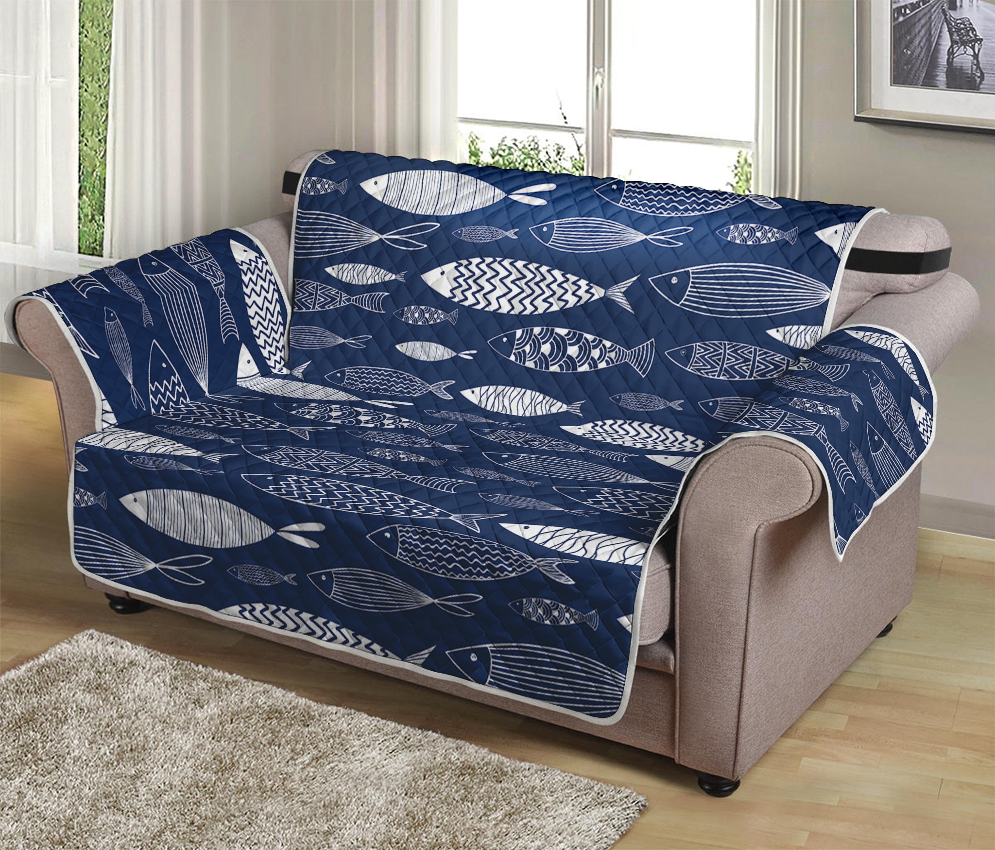 Ornamental Fish Pattern Print Loveseat Protector