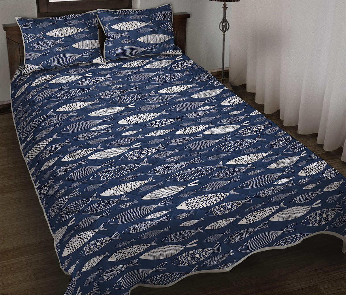 Ornamental Fish Pattern Print Quilt Bed Set