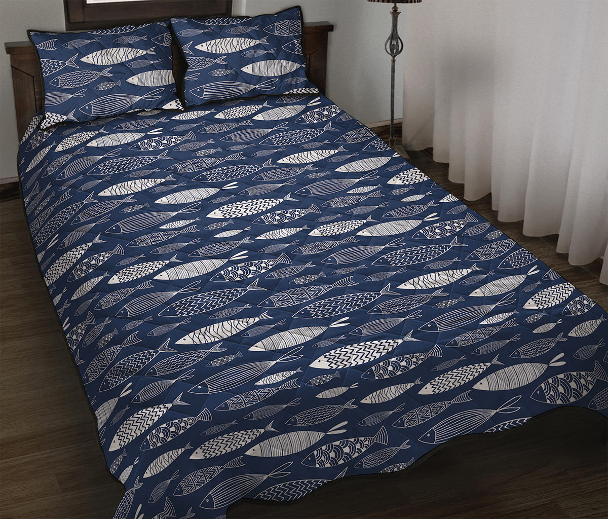Ornamental Fish Pattern Print Quilt Bed Set