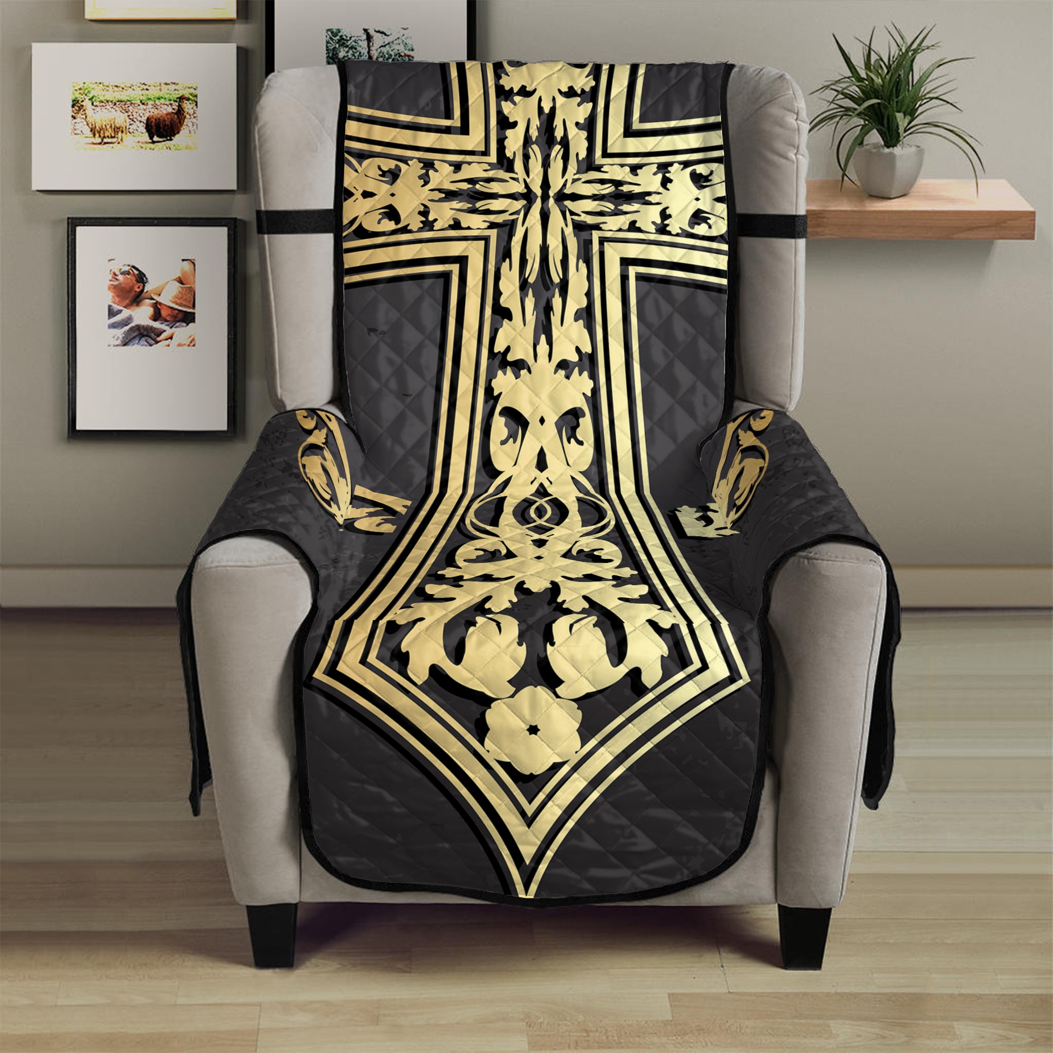 Ornamental Golden Cross Print Armchair Protector