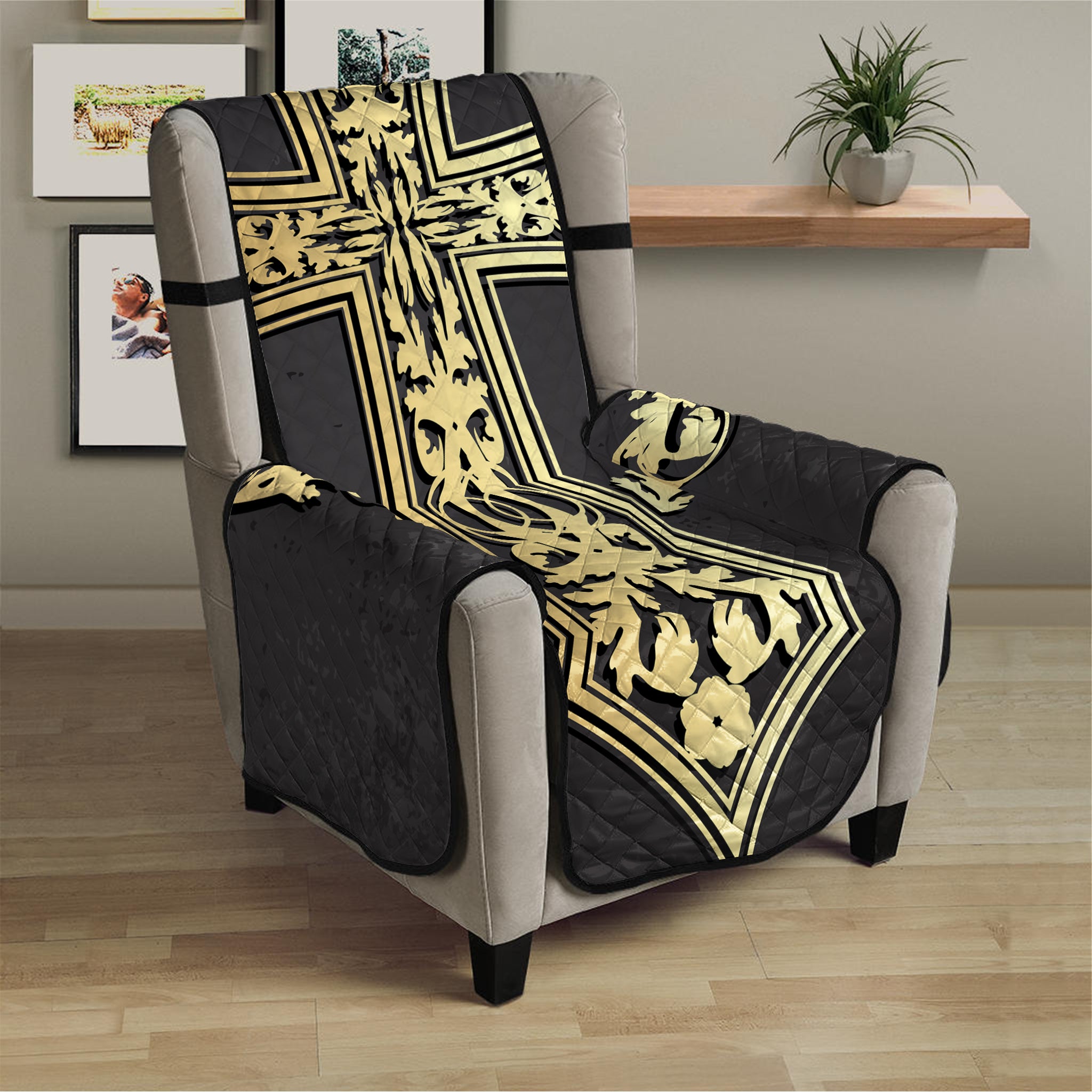 Ornamental Golden Cross Print Armchair Protector