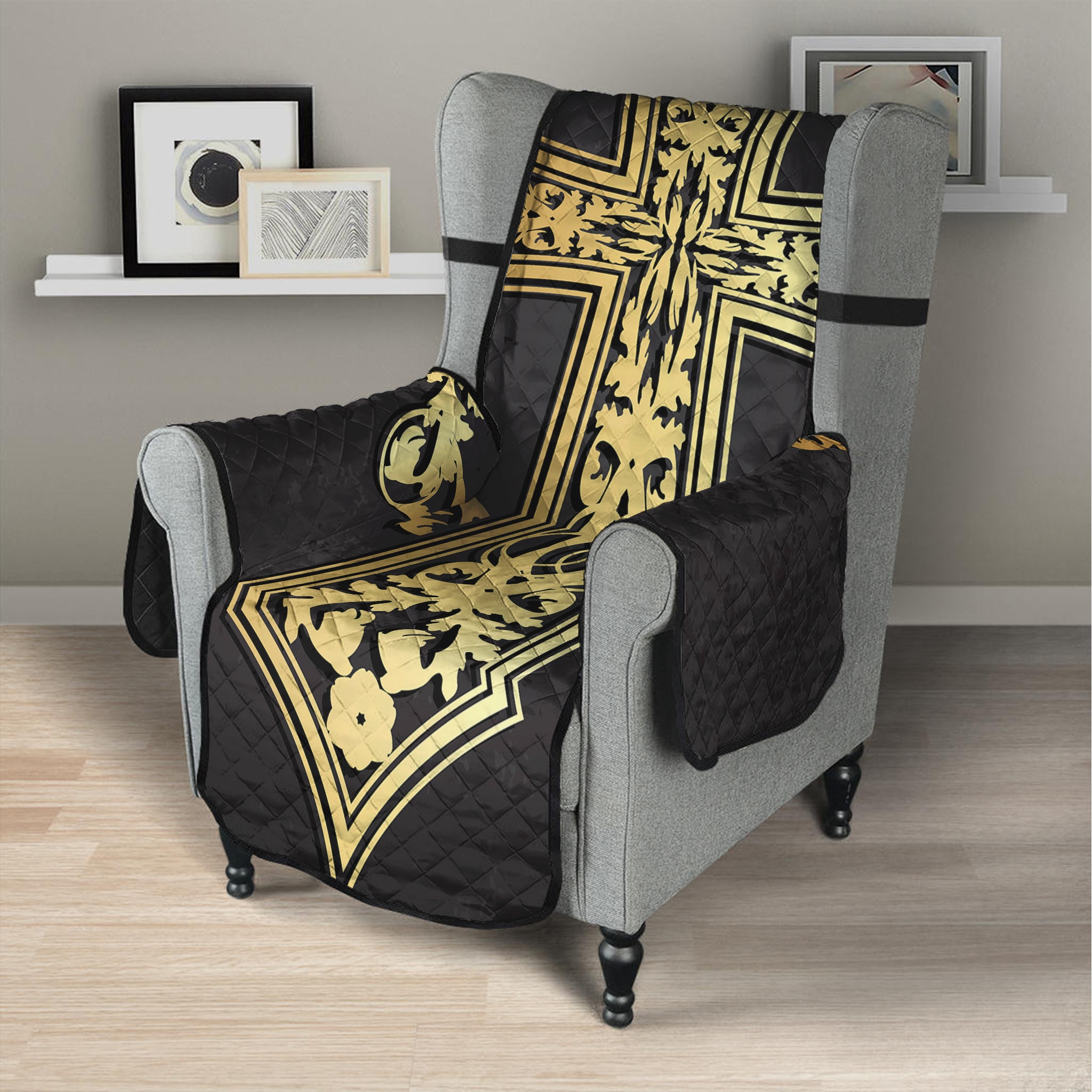 Ornamental Golden Cross Print Armchair Protector