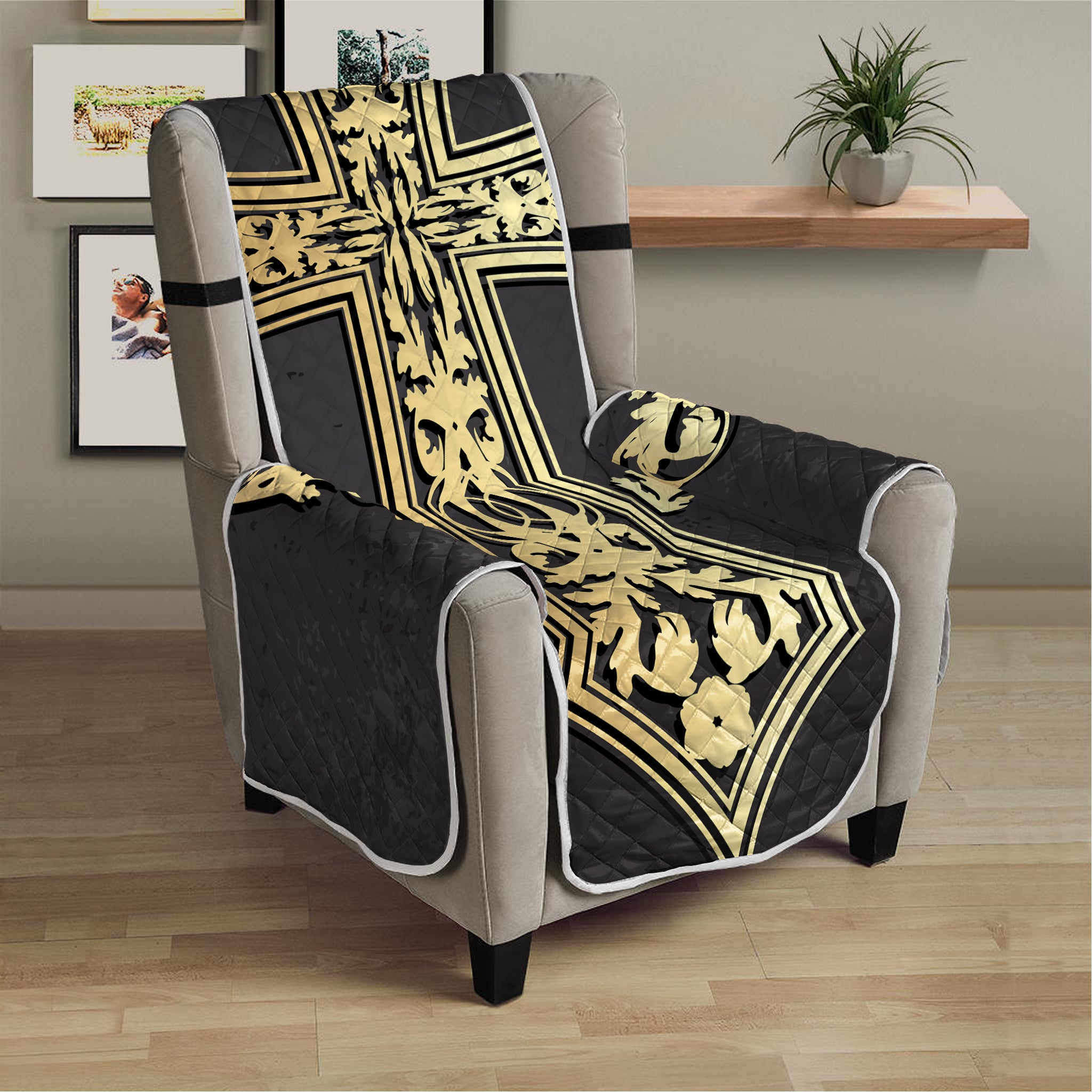 Ornamental Golden Cross Print Armchair Protector