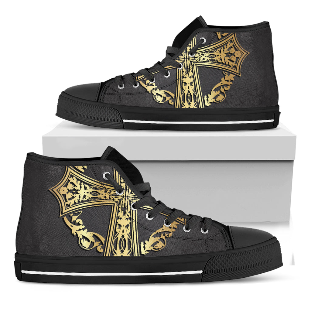 Ornamental Golden Cross Print Black High Top Shoes