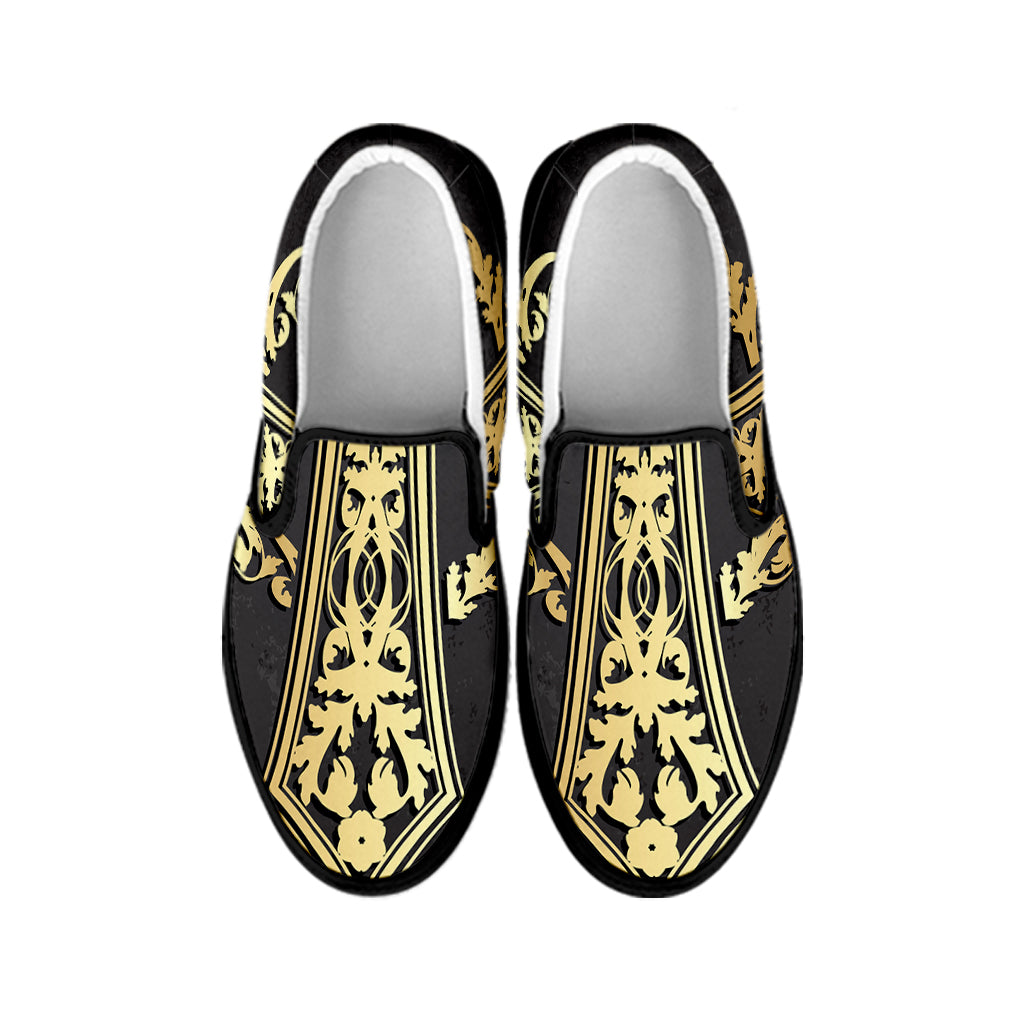 Ornamental Golden Cross Print Black Slip On Shoes