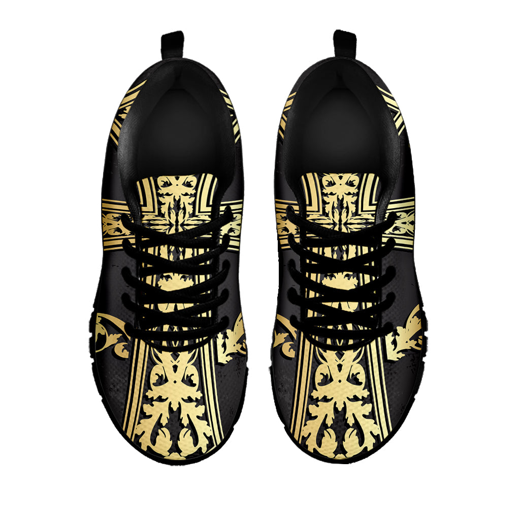 Ornamental Golden Cross Print Black Sneakers