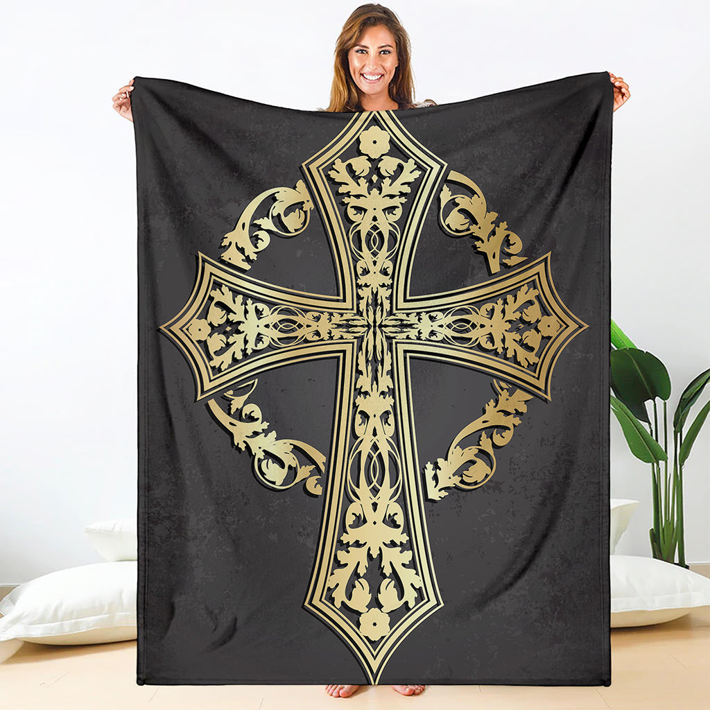 Ornamental Golden Cross Print Blanket