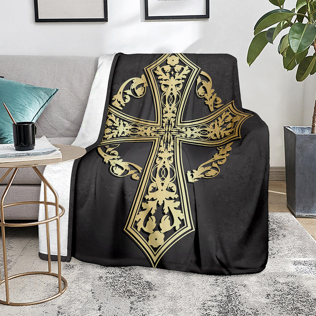 Ornamental Golden Cross Print Blanket