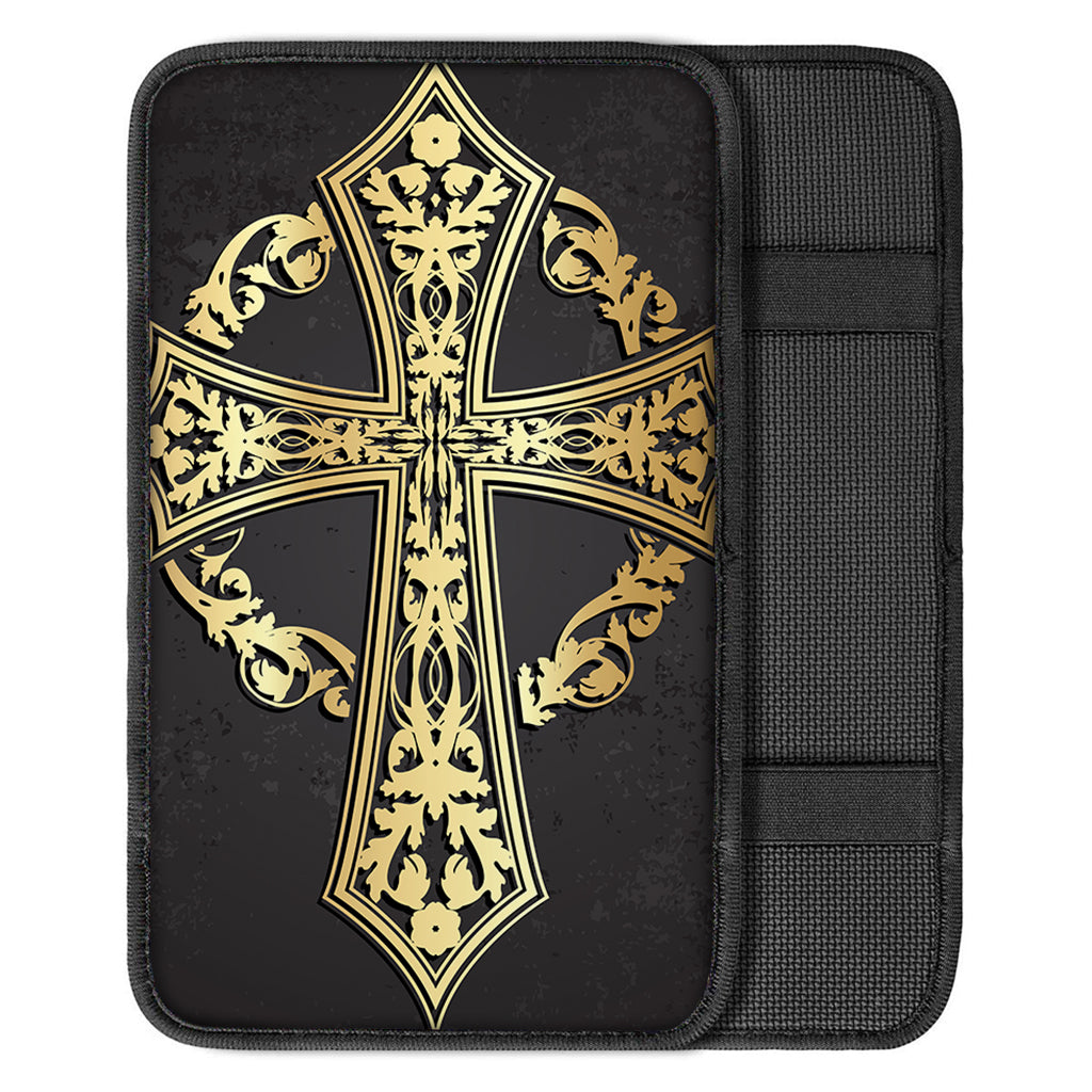 Ornamental Golden Cross Print Car Center Console Cover