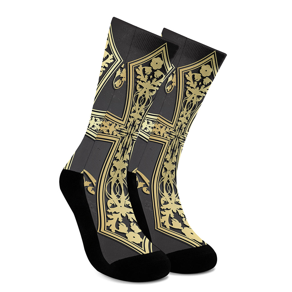 Ornamental Golden Cross Print Crew Socks