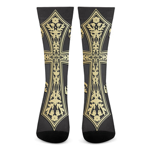 Ornamental Golden Cross Print Crew Socks