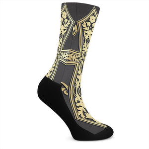 Ornamental Golden Cross Print Crew Socks