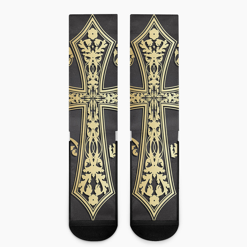 Ornamental Golden Cross Print Crew Socks