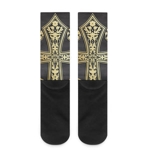 Ornamental Golden Cross Print Crew Socks