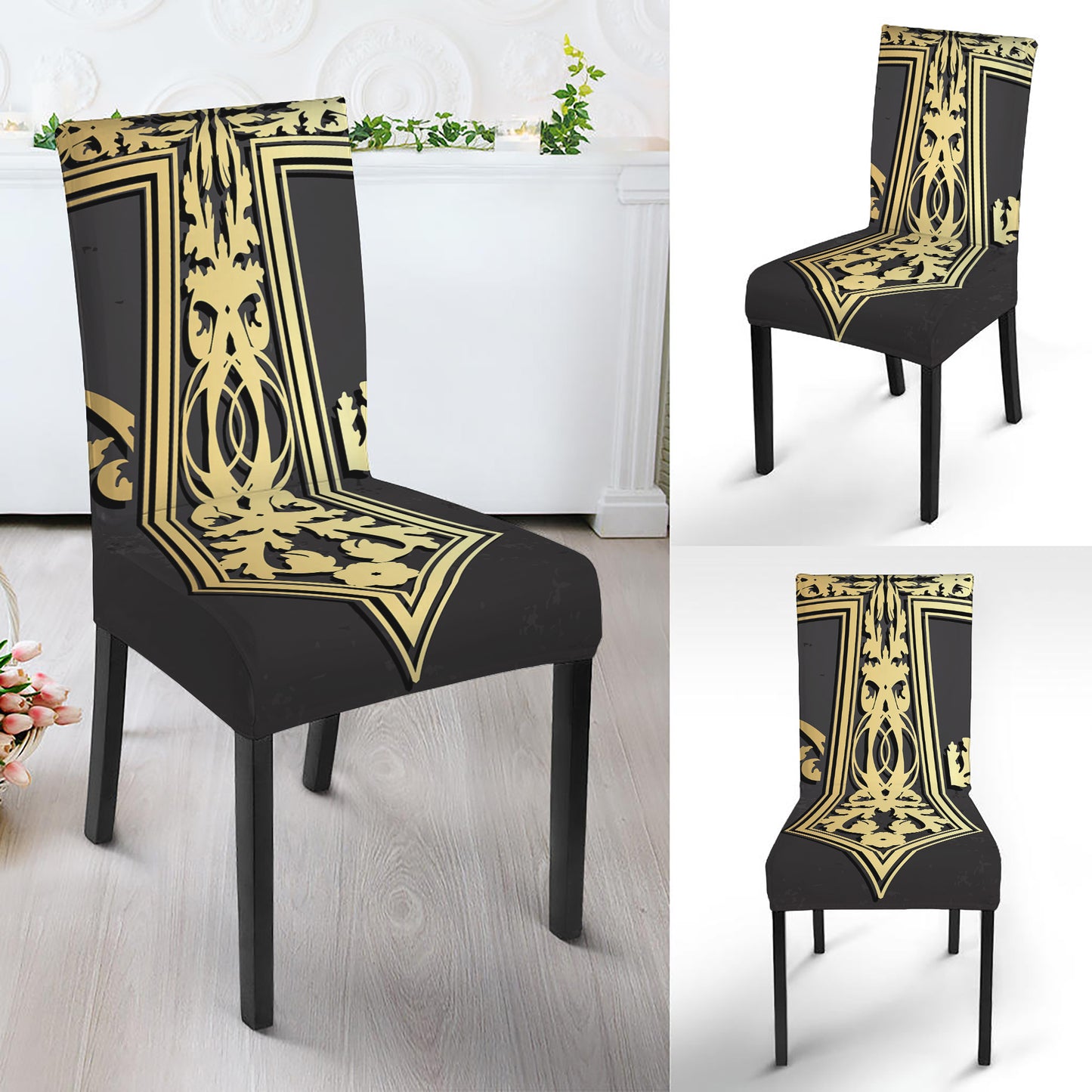 Ornamental Golden Cross Print Dining Chair Slipcover