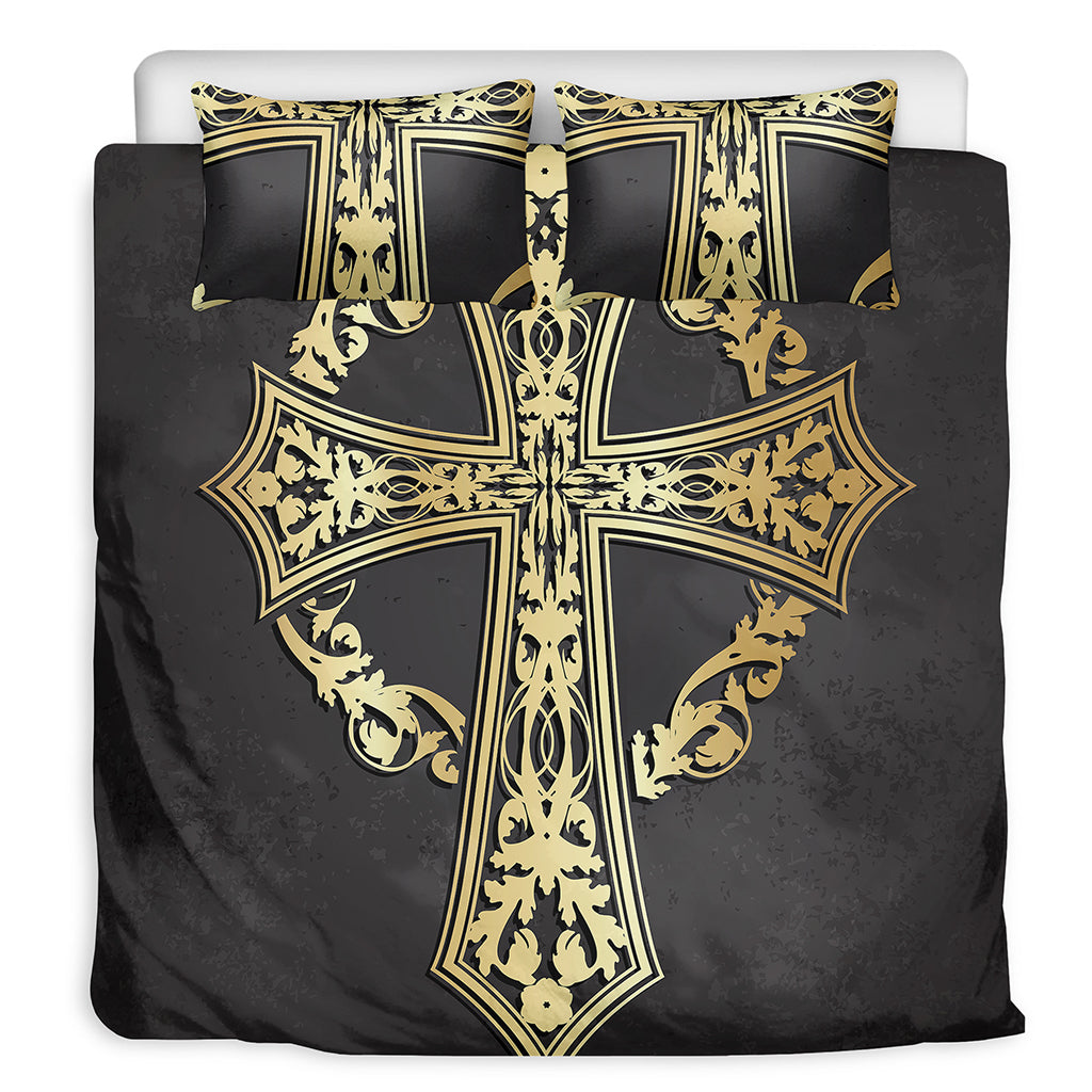 Ornamental Golden Cross Print Duvet Cover Bedding Set