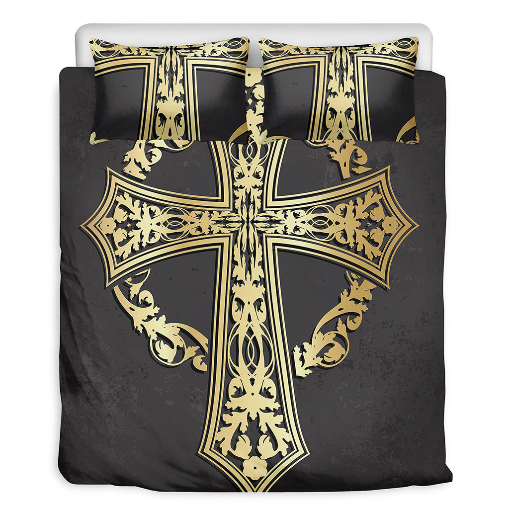 Ornamental Golden Cross Print Duvet Cover Bedding Set