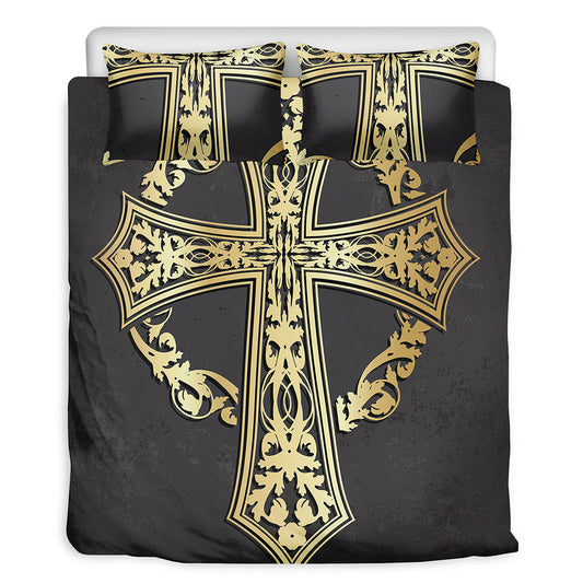 Ornamental Golden Cross Print Duvet Cover Bedding Set