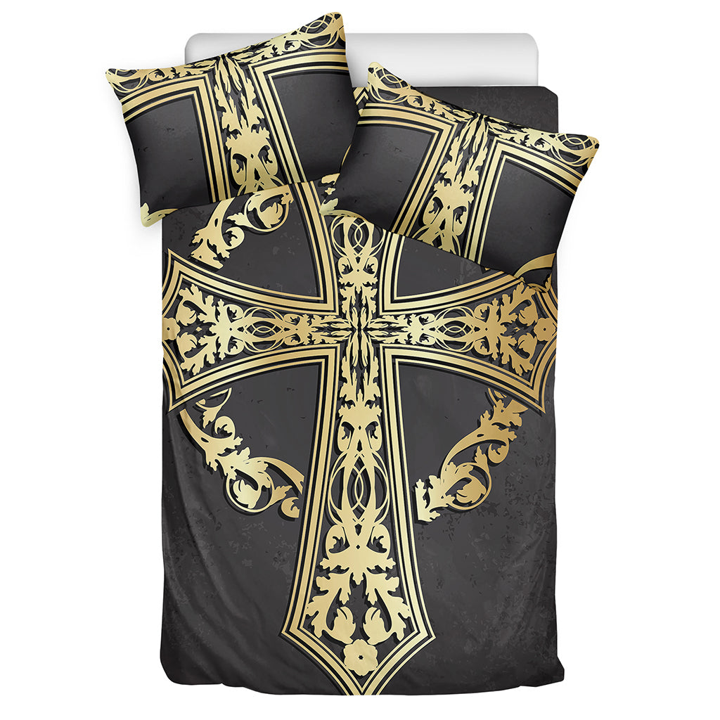Ornamental Golden Cross Print Duvet Cover Bedding Set