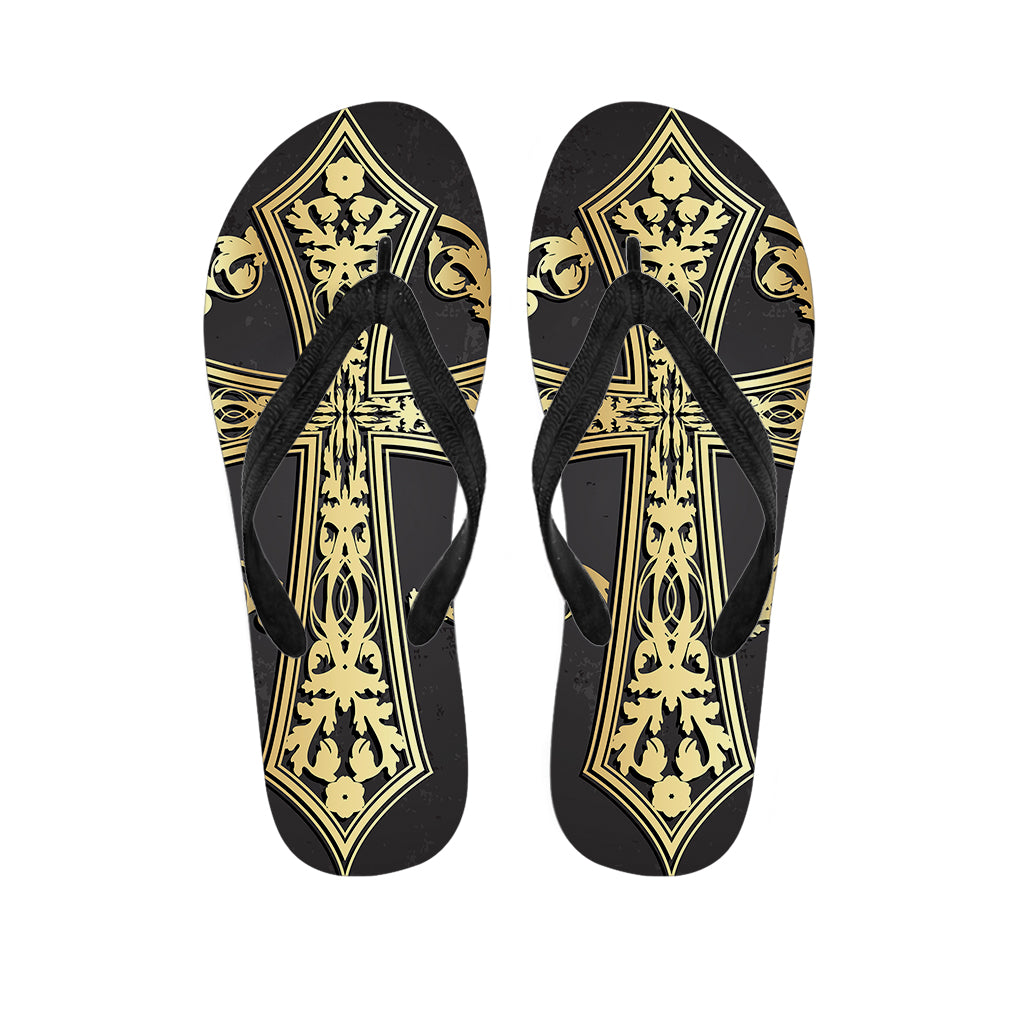 Ornamental Golden Cross Print Flip Flops