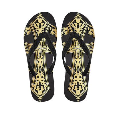 Ornamental Golden Cross Print Flip Flops