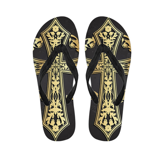 Ornamental Golden Cross Print Flip Flops