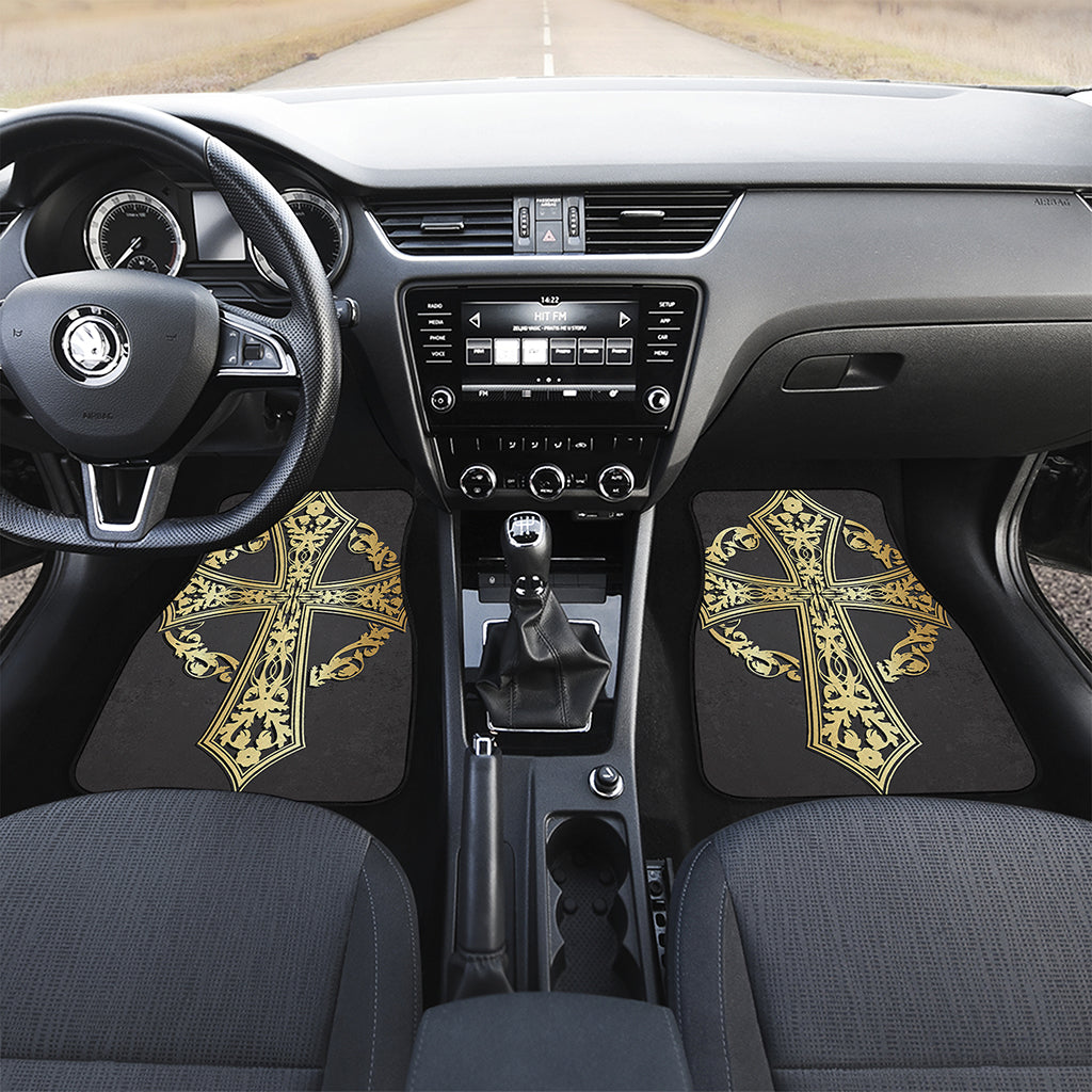 Ornamental Golden Cross Print Front and Back Car Floor Mats