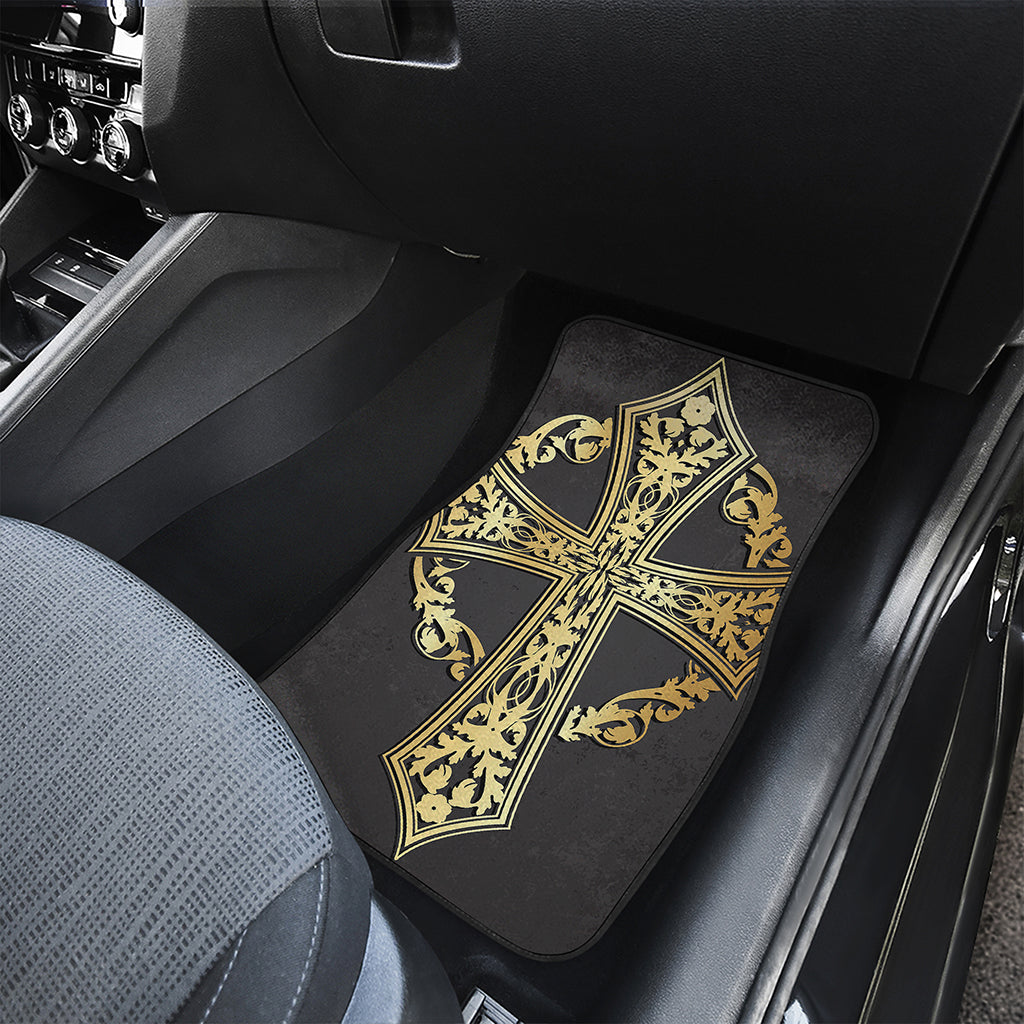 Ornamental Golden Cross Print Front and Back Car Floor Mats